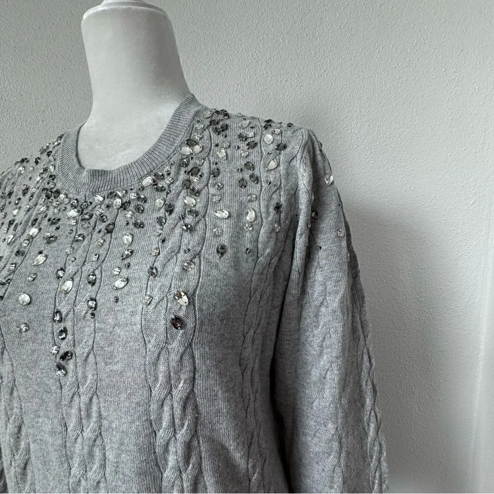 Isaac Mizrahi Live Gray Sweater Cable Knit Gemstone QVC Cardigan Size Small